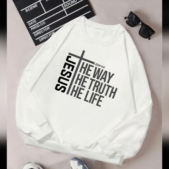 Jesus is the way of life sweatshirt white black print - Picture 2 of 3